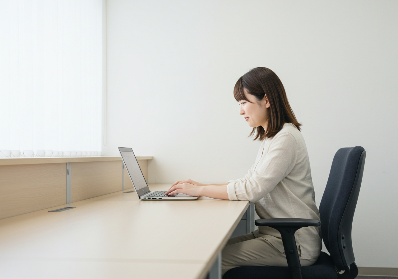 ノートPCで作業をする女性
